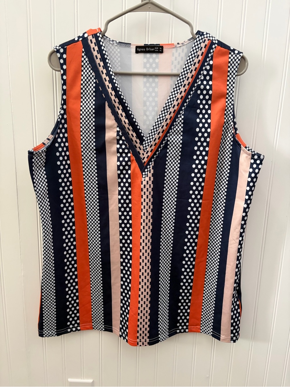 Sleeveless V-Neck Stripe & Polka Dot Top - Navy/Orange